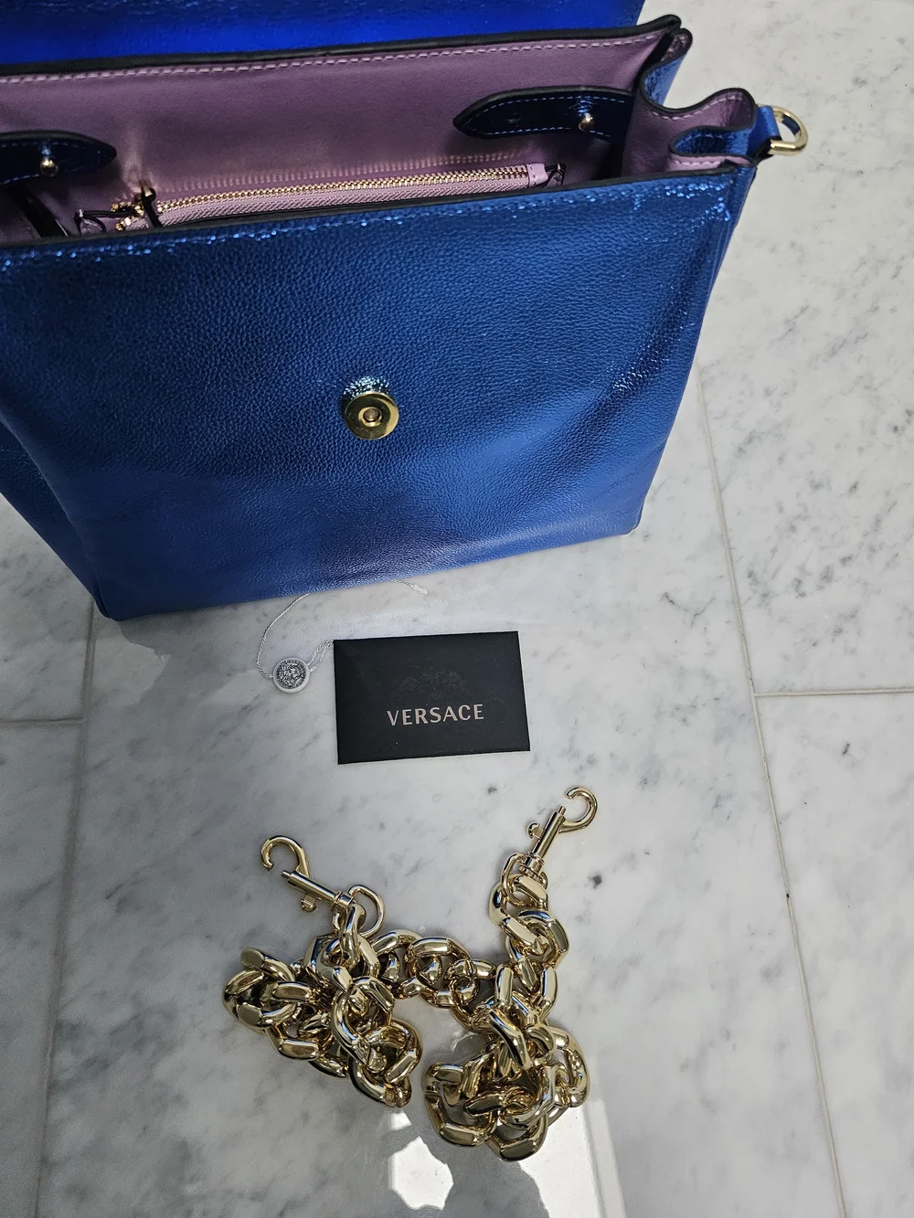 Metallic Blue Top-Handle Satchel with Gold Chain Accent - Picture 6 of 13